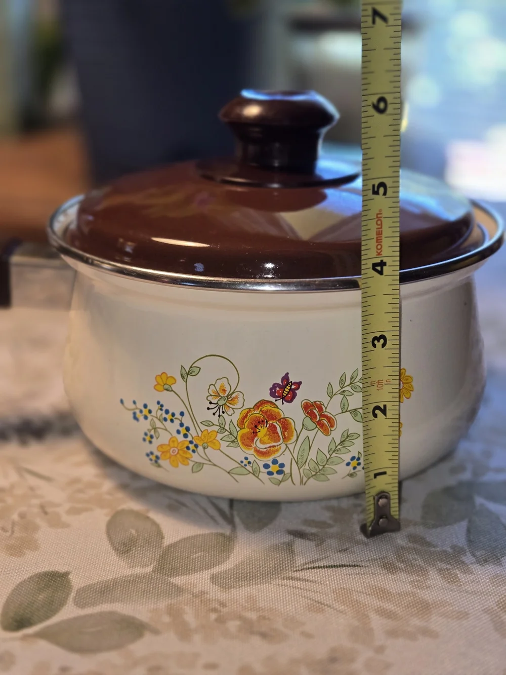 70s Vintage Medium Enamel Saucepan, Brown Lid, Floral Butterly Design